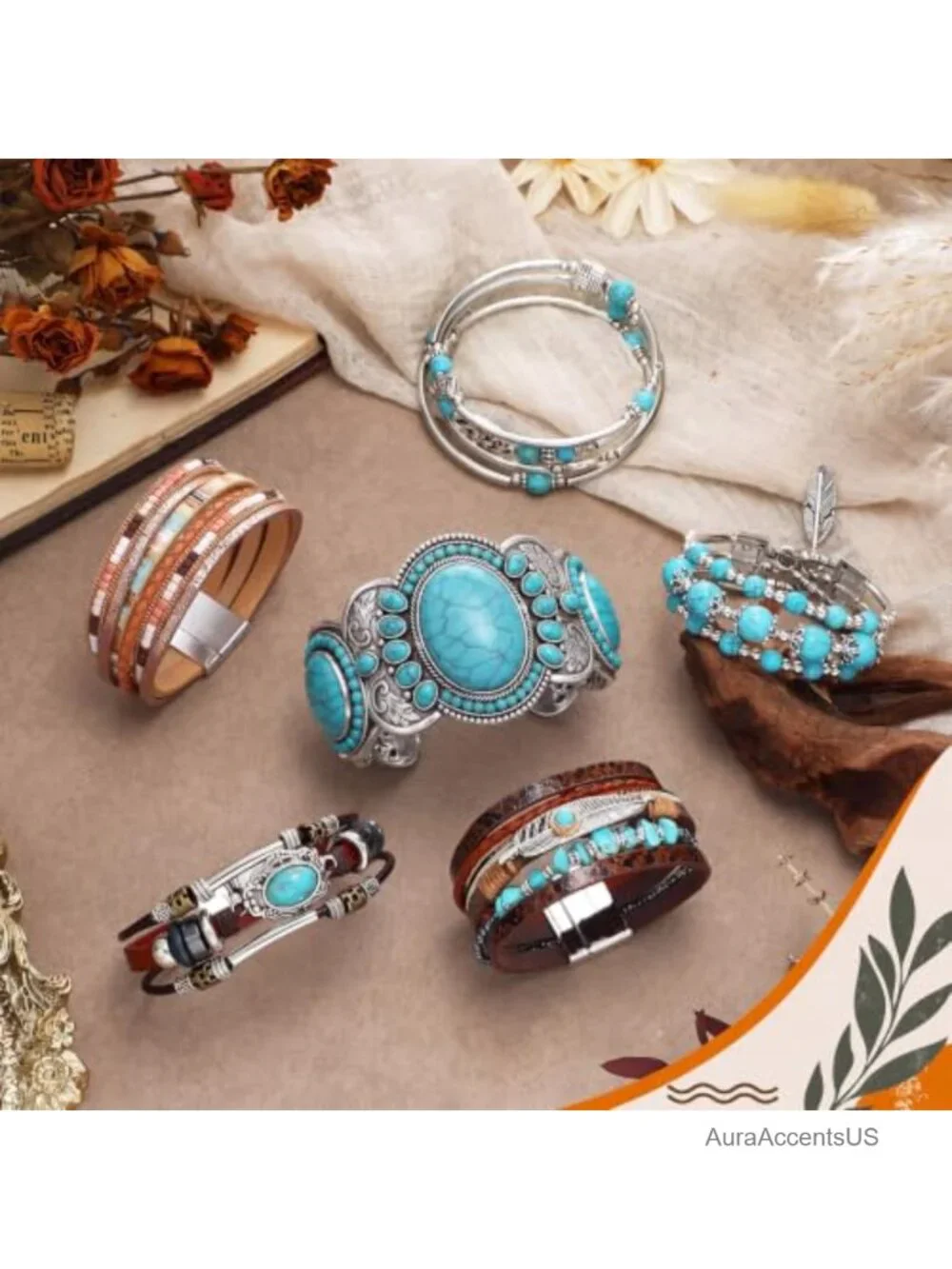 Turquoise Western Wrap Bracelet Set 6pcs Boho Cuff Leather Bracelets for Women